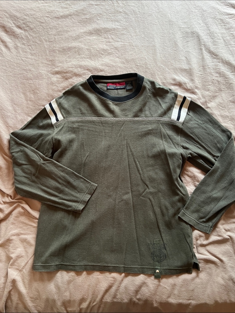 Men's Olive Crewneck Sweater with Contrast Shoulder Stripes